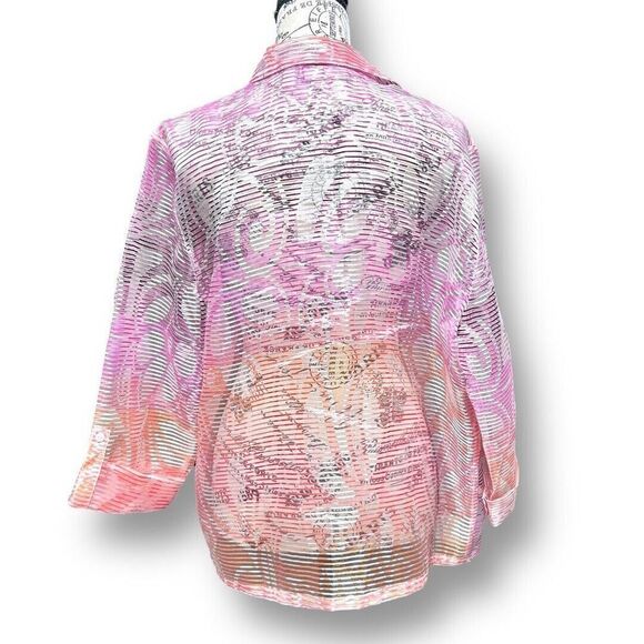 Chico’s 3 (XL) Sheer Pink Cream Burnout Open Front Blouse Jacket Layering Top - Picture 3 of 9